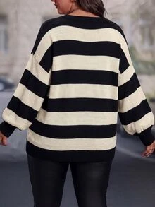 Juhart Plus Size Women's Striped V-Neck Drop Shoulder Long Sleeve Casual Pullover Sweater - Black and White - View 2