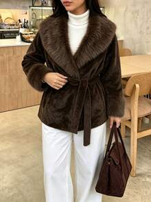 Easura Plus Size Women Solid Color Long Sleeve Waist Tie Fashion Faux Fur Coat - Coffee Brown - View 3