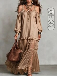 Omancia Women's Khaki Cold Shoulder Chiffon Dress, V Neck Spaghetti Strap Lantern Sleeve, Ruffle Tiered Hem, Flowy Soft Boho Vacation Fall Dress - Khaki - View 3