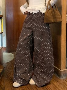 DAZY Women's Polka Dot Loose Button Jeans - Brown - View 7
