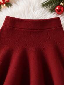 SHEIN Young Girl Sweater Skirt Set, A-Line Skirt, High Waist, Solid Burgundy Red Christmas Matching Mommy Daughter Mommy And Me Fall Baby Doll Winter - Burgundy - View 6