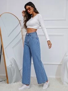 SHEIN Essnce 女款休閒日常牛仔褲，附口袋與鈕扣設計 - 中等水洗藍 - 查看 5