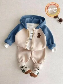 SHEIN 嬰兒男/女童可愛百搭針織拼色連帽拉鍊衛衣，熊圖案貼布，適合秋冬、外出、學校、幼兒園 - 彩色 - 查看 1