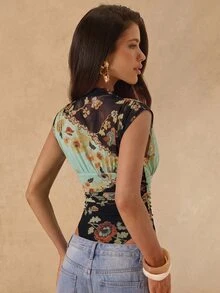 SHEIN BAE Fall Winter Vintage Floral Print Black Color Block Sleeveless Ruched Bodycon Bodysuit Thanksgiving Day Of The Dead Brunch Party - Multicolor - View 2