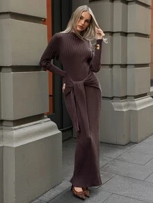 Aloruh Women's Solid Color Round Neck Long Sleeve Waist Knot Slim Fit Elegant Knit Dress - Brown - View 4