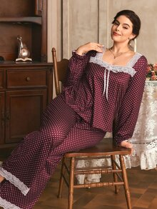 Côtesoire Plus Size French Romantic Polka Dot Print Contrast Color Lace Patchwork Long Sleeve Long Pants Pajama Set - Burgundy - View 6