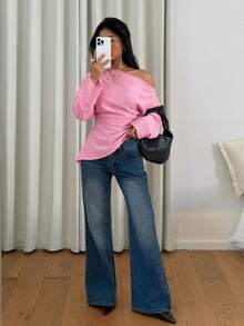 Siren Gaze Women's Solid Color Asymmetrical Shoulder Long Sleeve Ruched Casual Top - Pink - View 5