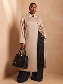 Slaydiva Elegant Commute & Date Champagne Satin Lapel Loose Long Shirt Plus Size Fall - Apricot - View 8