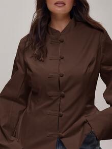MUSERA Atasan Wanita Ukuran Besar Lengan Panjang Putih dengan Detail Ikat Pinggang untuk Musim Dingin dan Gugur, Cocok untuk Acara Keluar Rumah - Chocolate Brown - View 5