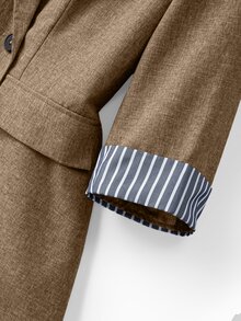 GlowEve CURVE Blazer Tipis Kancing Ganda Ukuran Plus untuk Wanita Musim Semi/Panas, Jaket Jas Kasual untuk Perjalanan Kerja dengan Manset Patchwork Garis Kontras - Khaki - View 5
