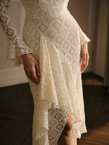 MOTF PREMIUM WOMEN'S ELEGANT SWEET LACE ASYMMETRICAL RUFFLE HEM DRESS - Beige - View 5