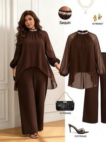 Femmeverse 女款大尺碼抓皺掛脖亮片拼接新式插肩長袖兩件套高腰寬鬆寬腿褲套裝秋季 - 棕色 - 查看 1