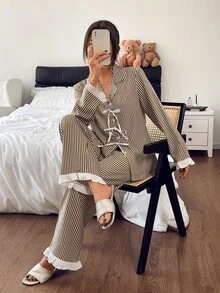 Napfluff Vintage Vertical Striped Pajama Set, Sweet Bowknot Decoration, Ruffle Cuff Patchwork Loungewear - Multicolor - View 3