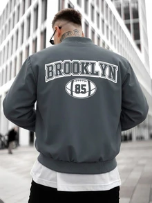 Manfinity Homme Men's Letter Graphic Long Sleeve Zip-Up Casual Baseball Jacket - Dark Grey - View 2
