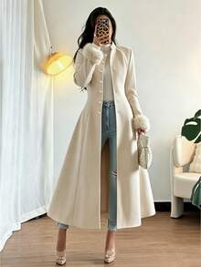 Rafferiza 女款純色長袖單排扣袖口拼接毛毛飾邊長款大衣 - 杏色 - 查看 1
