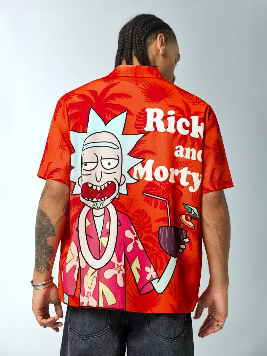 Rick and Morty X SHEIN Áo sơ mi nam ngắn tay họa tiết cây cọ phong cách du lịch - trái cam - Xem 1