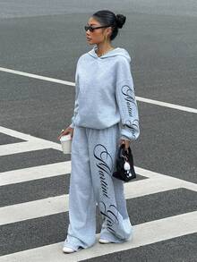 Muchica 休閒極簡風女款字母印花落肩長袖連帽衛衣與長褲兩件套 - 灰色 - 查看 4