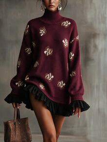 Omancia Elegant High Neck Ruffle Design Long Sleeve Women's Sweater - Red - View 1