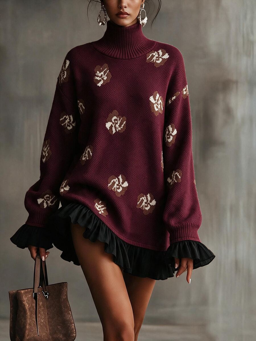 Omancia Elegant High Neck Ruffle Design Long Sleeve Women's Sweater - Red - View 1
