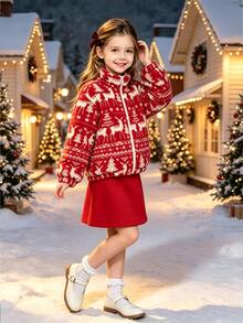 SHEIN Sparklyn 1件 Tween Girl 少女立領拉鍊毛邊外套，滿版花卉印花，休閒外套上衣，適合秋冬 - 酒紅色 - 查看 7