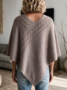 Sprig & Strand Women's Soft Elegant Autumn/Winter Diagonal Cable Knit Shawl, V-Neck Cape Style Asymmetrical Hem, Versatile Layering Outerwear For Daily Commute And Dating - Mocha Brown - View 2