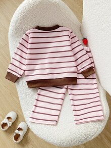 SHEIN Playful Pals 2件組幼女運動衫長褲套裝，甜美優雅粉色與棕色條紋刺繡，長袖圓領，休閒戶外秋季連身衣毛衣 - 棕色 - 查看 3