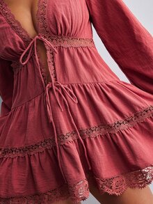 Willow Rêve Women's Woven Red-Brown V-Neck Mini Dress - Redwood - View 6