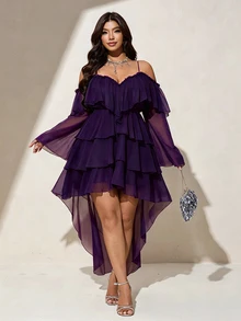 Viva Relle Plus Size Women Solid Color Fashion Party Dress Fall - Purple - View 5