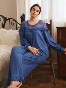 Côtesoire Plus Size Women's French Elegant Lace Patchwork Long Sleeve Pants Pajama Set - Teal Blue - View 4