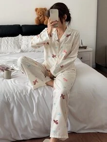 Napfluff Women's Bubble Crinkle Cartoon Pony Print Pajama Set, Spring/Autumn, Lapel Cardigan, Long Sleeve, Long Pants, Loose Fit, Cute Homewear, 2 Pieces Set - Beige - View 5