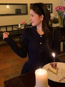 DAZY Women's Solid Color Lapel Collar Elegant Knit Sweater 2 Pieces Set - Navy Blue - View 8