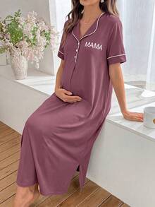 Moonlight&Mama Solid Color Comfortable Fabric Letter Print MAMA Front Pocket Button-Up Short Sleeve Maternity Long Dress Nightgown - Red Violet - View 1