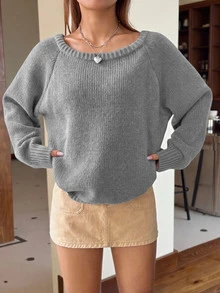 SHEIN EZwear 女款純色圓領插肩袖長袖休閒百搭針織衫 - 淺灰色 - 查看 7