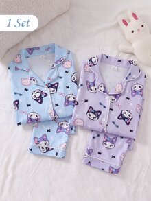 SHEIN 女童甜美可愛優雅休閒日常舒適藍色小貓兔子蝴蝶結卡通印花前開襟長袖上衣與長褲兩件套 柔軟親膚針織面料家居服 - 淺藍色 - 查看 10