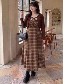 Bijouette Plus Size Women's Plaid Pleated Dress And Solid Color Cardigan Casual 2 Pieces Set Fall - Coffee Brown - View 6