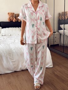 Napfluff Sweet Christmas Tree & Bow Print Ruffle Collar Short Sleeve Loungewear Set - Pink - View 3