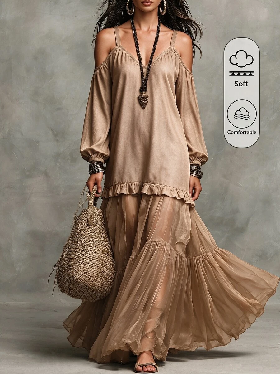 Omancia Women's Khaki Cold Shoulder Chiffon Dress, V Neck Spaghetti Strap Lantern Sleeve, Ruffle Tiered Hem, Flowy Soft Boho Vacation Fall Dress - Khaki - View 1