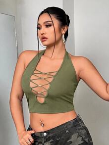 SHEIN ICON 大尺碼修身深V領串珠掛脖背心上衣 - 軍綠色 - 查看 6