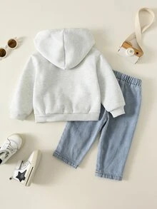 SHEIN 2件組嬰兒男孩女孩秋冬休閒連帽衛衣與破洞牛仔褲套裝，嬰兒套裝，秋冬套裝，嬰兒男孩運動服 - 彩色 - 查看 2