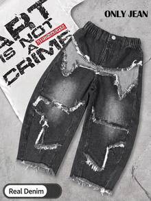 Boys' Black & Grey Washed High-Waist Elastic Curved Leg Horseshoe Jeans With Heavy Distressed Large Five-Point Star, Frayed Hem, Contrast Patchwork, Casual School Daily Wear - Black - View 3