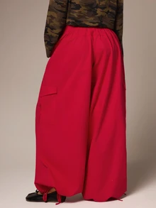 Athîral Celana Kargo Merah Longgar Wanita, Bahan Katun, Pinggang Rendah, Tali Serut, Banyak Saku, Kaki Lebar, Cocok untuk Semua Musim, Gaya Urban, Sehari-hari, Celana Wanita - Merah - View 2
