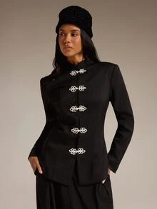 COSMINA Women's Blazer Jacket, Chinese Style Frog Button Stand Collar Long Sleeve White Contrast Color Button Decor Waist Cinched Autumn Winter Suit Jacket - Black - View 1