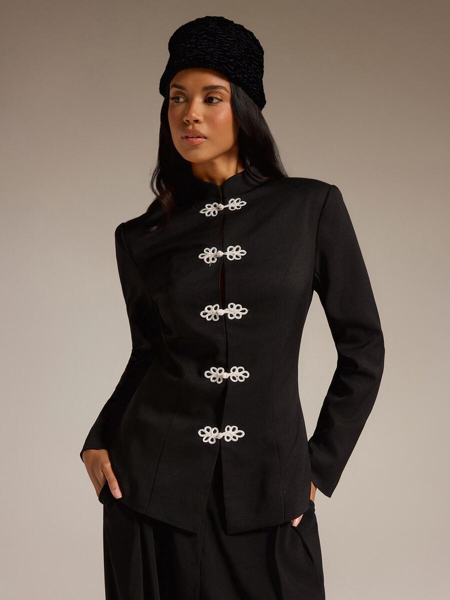 COSMINA Women's Blazer Jacket, Chinese Style Frog Button Stand Collar Long Sleeve White Contrast Color Button Decor Waist Cinched Autumn Winter Suit Jacket - Black - View 1