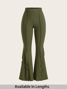 SHEIN Tall CURVE 大尺碼高個女款荷葉邊鬆緊腰喇叭褲 - 軍綠色 - 查看 1