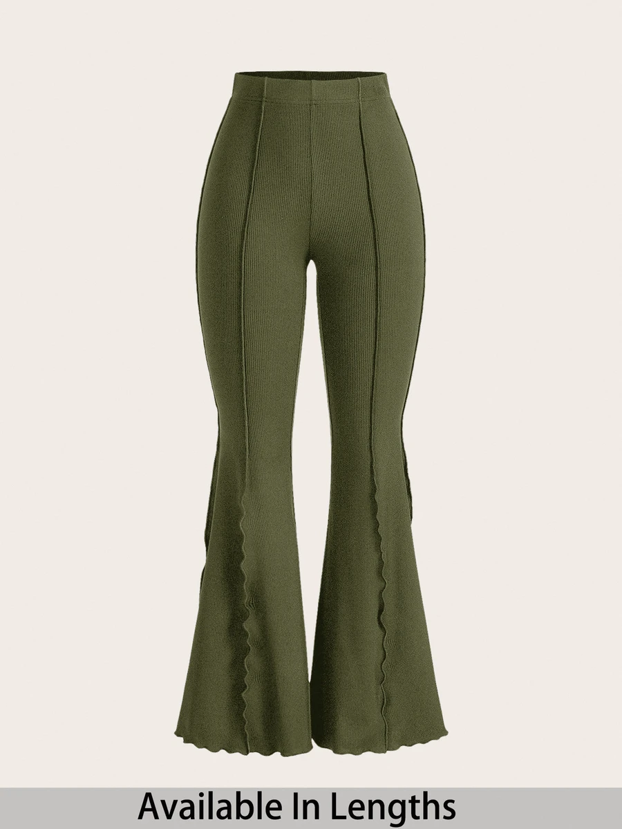 SHEIN Tall CURVE 大尺碼高個女款荷葉邊鬆緊腰喇叭褲 - 軍綠色 - 查看 1