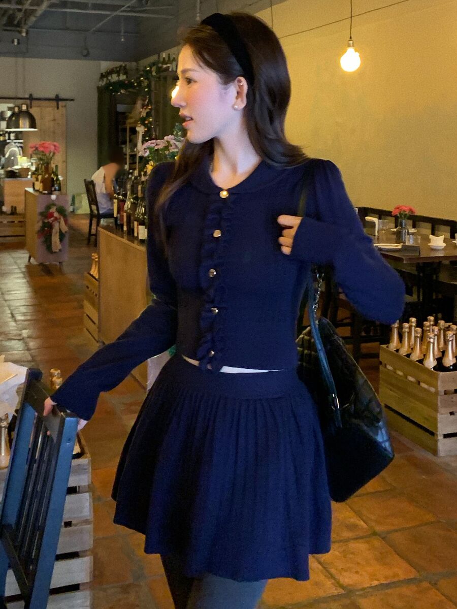 DAZY Women's Solid Color Lapel Collar Elegant Knit Sweater 2 Pieces Set - Navy Blue - View 1