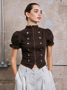 COUREZ Fitted Puff Sleeve Denim Drummer Military Napoleon Top/Y2K Summer Outfits Tops Going Party Rave Fall Outfits Y2K Festival Concert Drummer Top - Coffee Brown - View 7