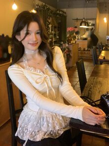 DAZY Women's Casual Ruffle Trim Long Sleeve Girlish Fresh Korean Style T-Shirt - White - View 8