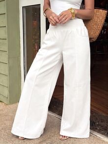 Sunnyshic Plus Size Women's Pocket Wide Leg Loose Casual Versatile Denim Jeans - White - View 5