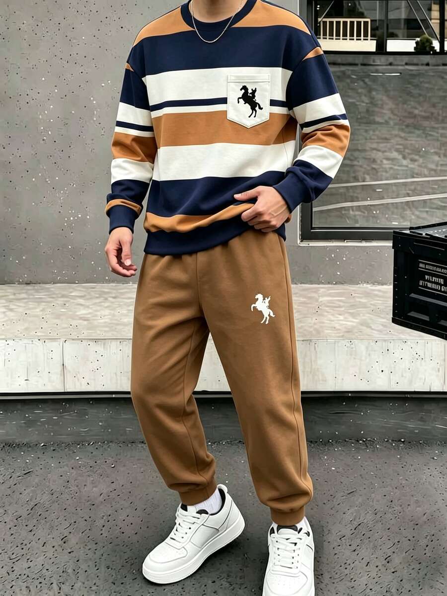 青少年男孩 Buddy 系列 2 件套,時尚圓領運動衫與運動長褲套裝,印花條紋與騎馬設計,適合假期聚會,舒適適宜春、夏、秋季穿著 - 彩色 - 查看 1